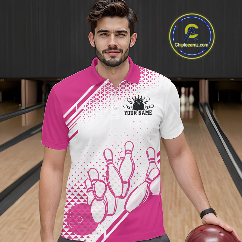 Custom White And Pink Geometric Classic Retro Bowling Team Men Polo Shirt IPHW12058