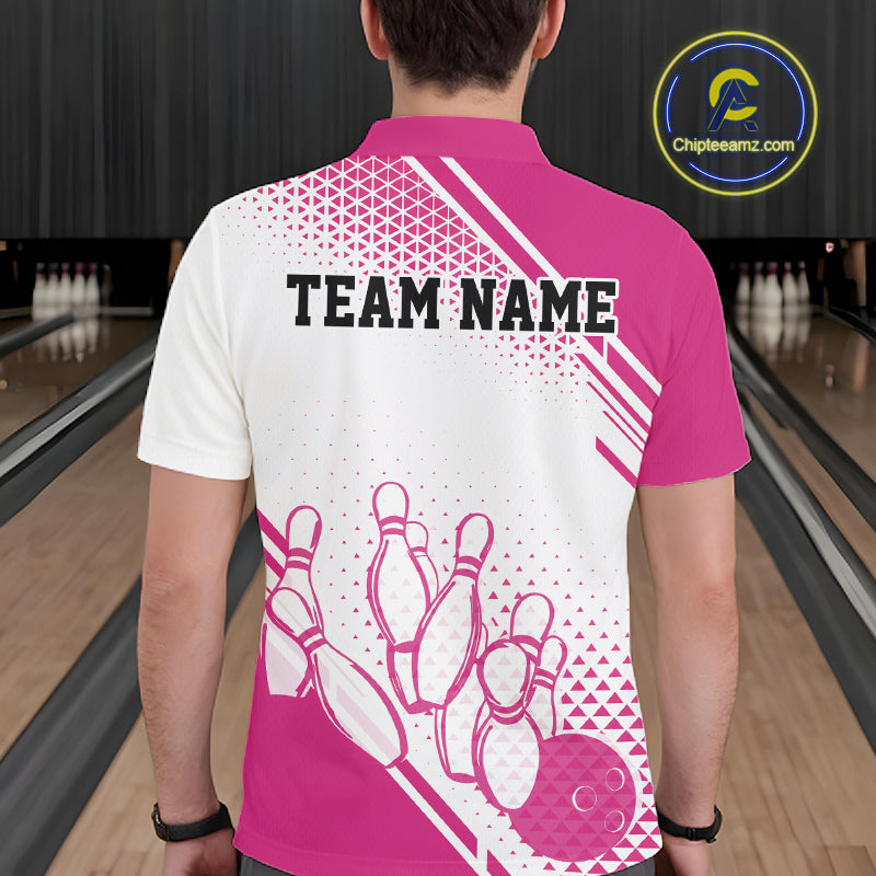 Custom White And Pink Geometric Classic Retro Bowling Team Men Polo Shirt IPHW12058