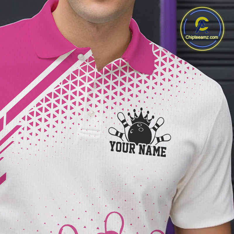 Custom White And Pink Geometric Classic Retro Bowling Team Men Polo Shirt IPHW12058