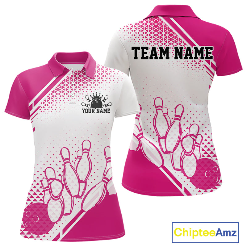 Custom White And Pink Geometric Classic Retro Bowling Team Women Polo Shirt IPHW12058