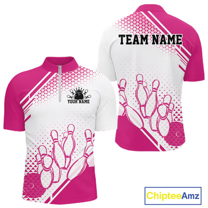 Custom White And Pink Geometric Classic Retro Bowling Team Men Quarter Zip Shirt IPHW12058
