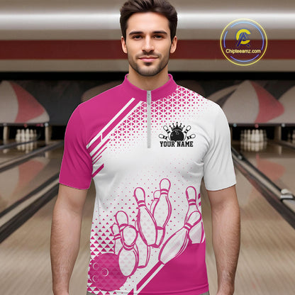 Custom White And Pink Geometric Classic Retro Bowling Team Men Quarter Zip Shirt IPHW12058
