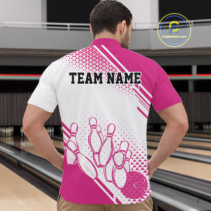 Custom White And Pink Geometric Classic Retro Bowling Team Men Quarter Zip Shirt IPHW12058