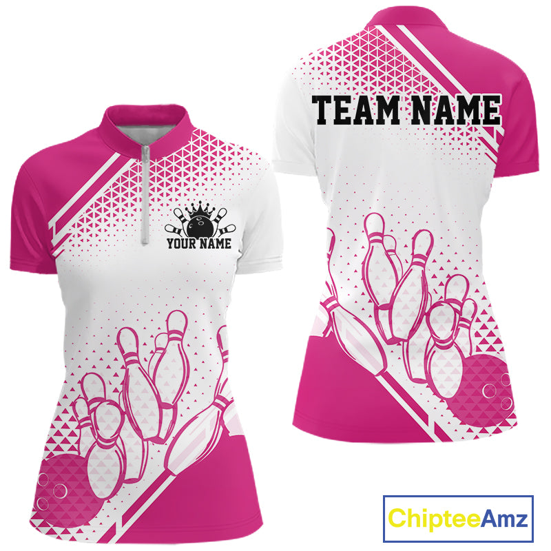 Custom White And Pink Geometric Classic Retro Bowling Team Women Quarter-Zip Shirt IPHW12058