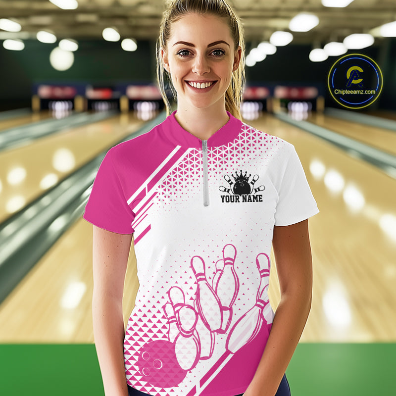 Custom White And Pink Geometric Classic Retro Bowling Team Women Quarter-Zip Shirt IPHW12058