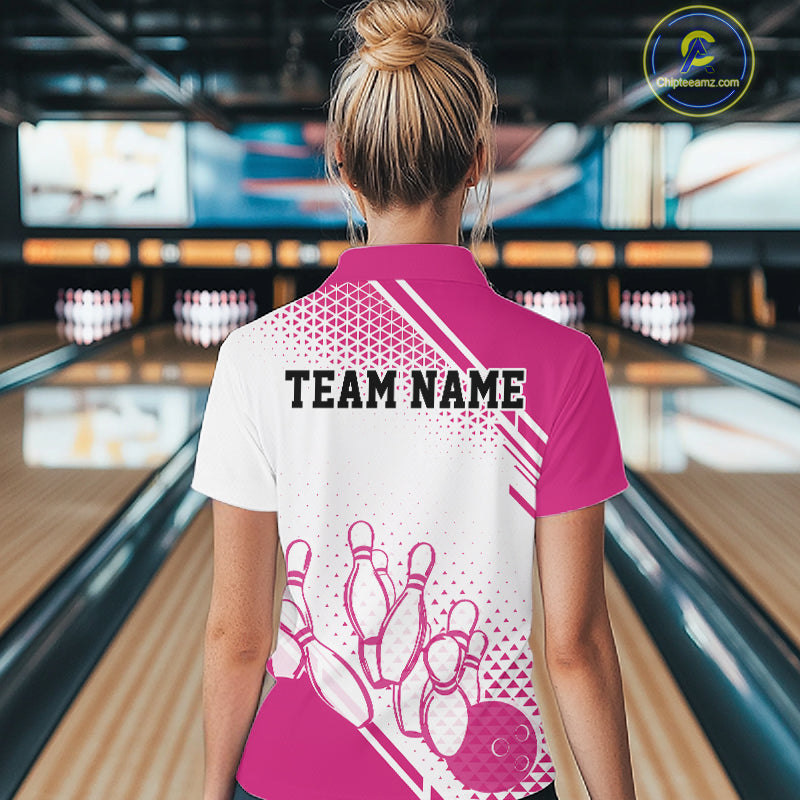 Custom White And Pink Geometric Classic Retro Bowling Team Women Quarter-Zip Shirt IPHW12058