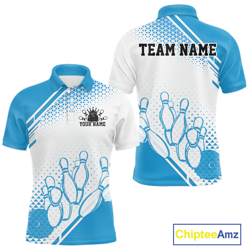 Custom White And Blue Geometric Classic Retro Bowling Team Men Polo Shirt IPHW12059