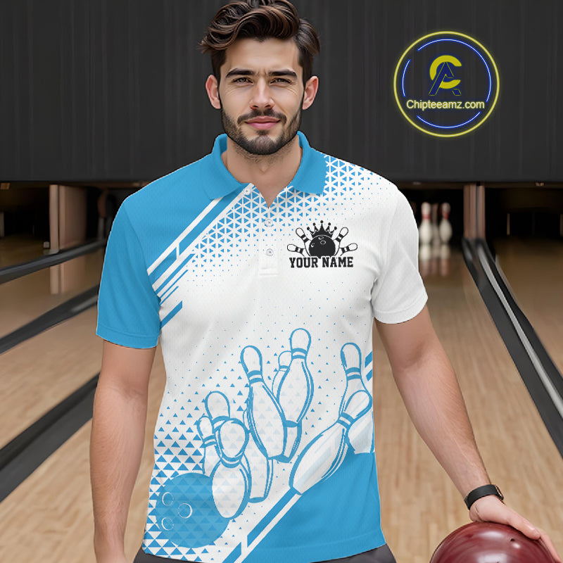 Custom White And Blue Geometric Classic Retro Bowling Team Men Polo Shirt IPHW12059