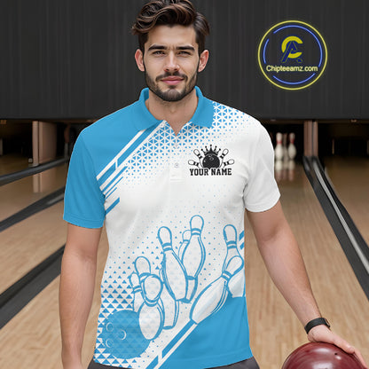 Custom White And Blue Geometric Classic Retro Bowling Team Men Polo Shirt IPHW12059