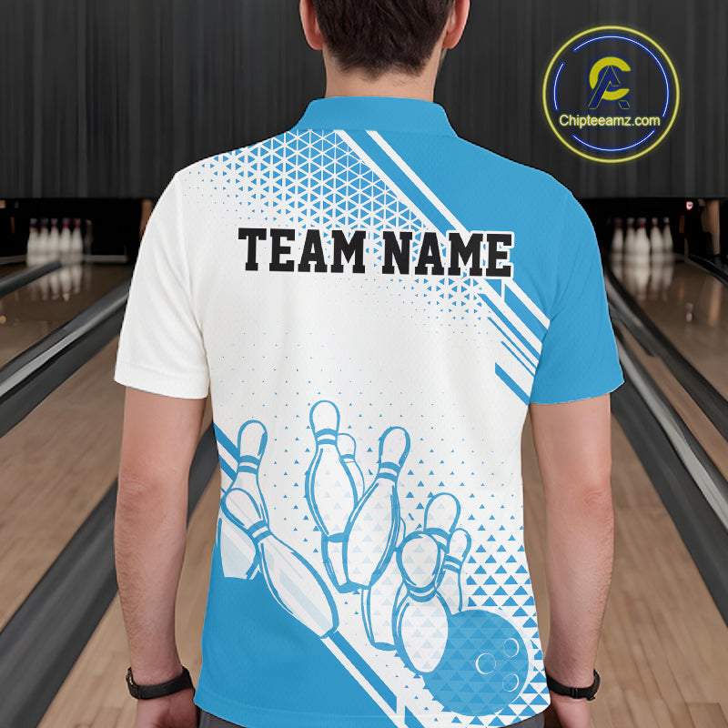 Custom White And Blue Geometric Classic Retro Bowling Team Men Polo Shirt IPHW12059