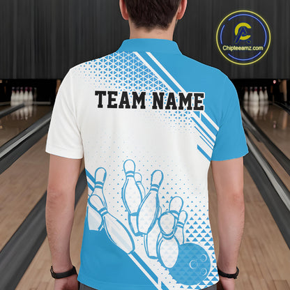 Custom White And Blue Geometric Classic Retro Bowling Team Men Polo Shirt IPHW12059