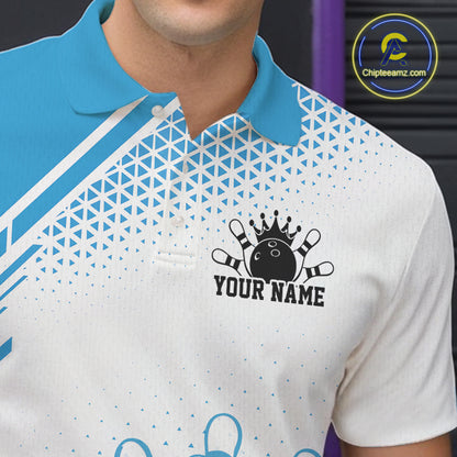 Custom White And Blue Geometric Classic Retro Bowling Team Men Polo Shirt IPHW12059