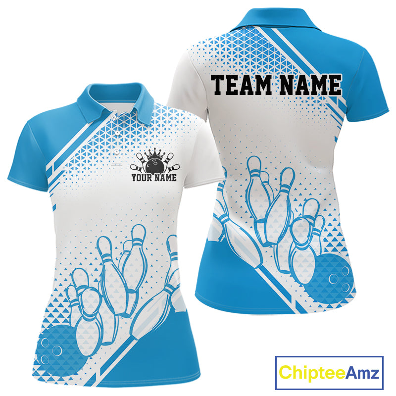 Custom White And Blue Geometric Classic Retro Bowling Team Women Polo Shirt IPHW12059