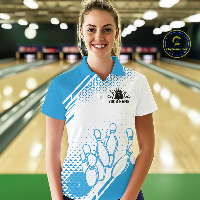 Custom White And Blue Geometric Classic Retro Bowling Team Women Polo Shirt IPHW12059