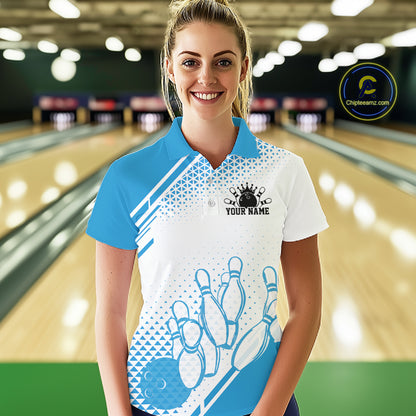 Custom White And Blue Geometric Classic Retro Bowling Team Women Polo Shirt IPHW12059