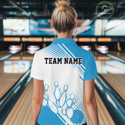 Custom White And Blue Geometric Classic Retro Bowling Team Women Polo Shirt IPHW12059