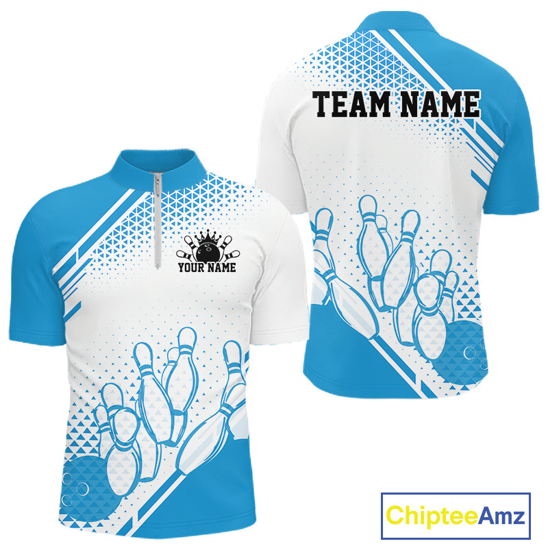 Custom White And Blue Geometric Classic Retro Bowling Team Men Quarter Zip Shirt IPHW12059