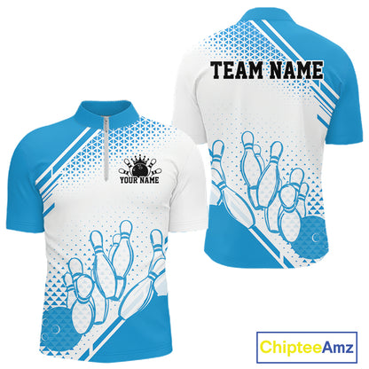 Custom White And Blue Geometric Classic Retro Bowling Team Men Quarter Zip Shirt IPHW12059
