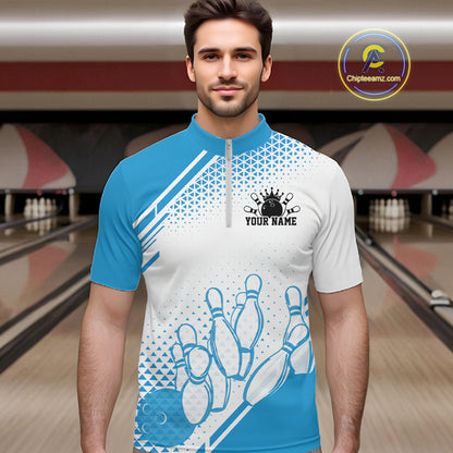 Custom White And Blue Geometric Classic Retro Bowling Team Men Quarter Zip Shirt IPHW12059