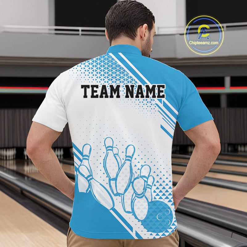 Custom White And Blue Geometric Classic Retro Bowling Team Men Quarter Zip Shirt IPHW12059
