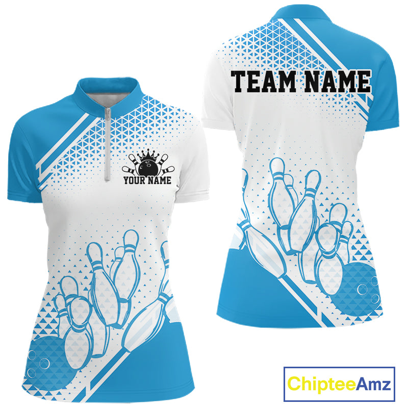Custom White And Blue Geometric Classic Retro Bowling Team Women Quarter-Zip Shirt IPHW12059