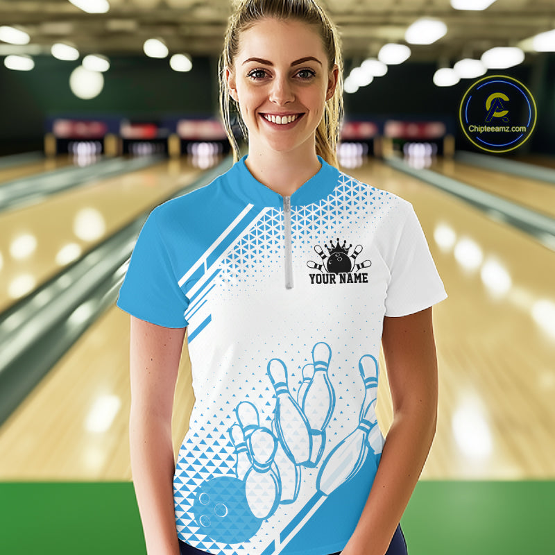 Custom White And Blue Geometric Classic Retro Bowling Team Women Quarter-Zip Shirt IPHW12059