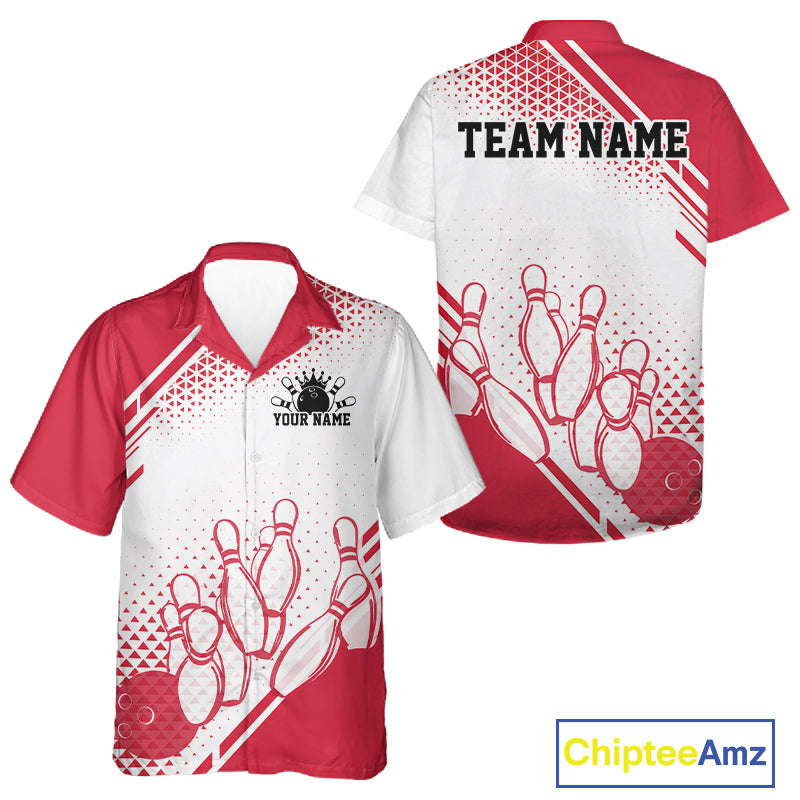 Custom White And Red Geometric Classic Retro Bowling Team Men And Women Button Up Shirt IPHW12060