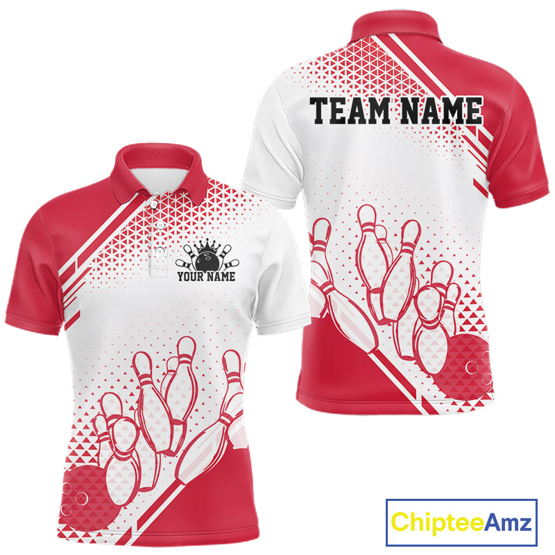 Custom White And Red Geometric Classic Retro Bowling Team Men Polo Shirt IPHW12060