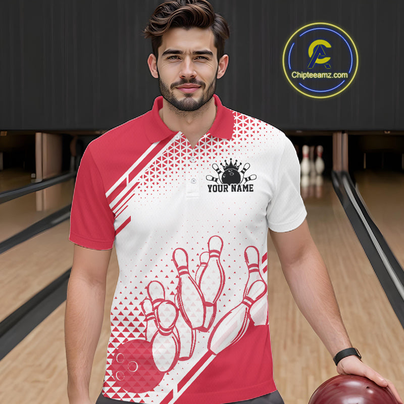 Custom White And Red Geometric Classic Retro Bowling Team Men Polo Shirt IPHW12060