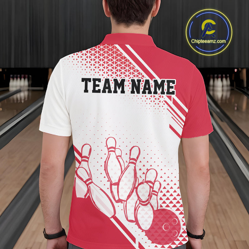 Custom White And Red Geometric Classic Retro Bowling Team Men Polo Shirt IPHW12060
