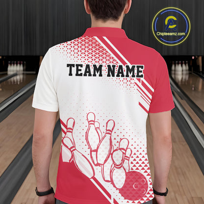 Custom White And Red Geometric Classic Retro Bowling Team Men Polo Shirt IPHW12060