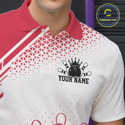 Custom White And Red Geometric Classic Retro Bowling Team Men Polo Shirt IPHW12060