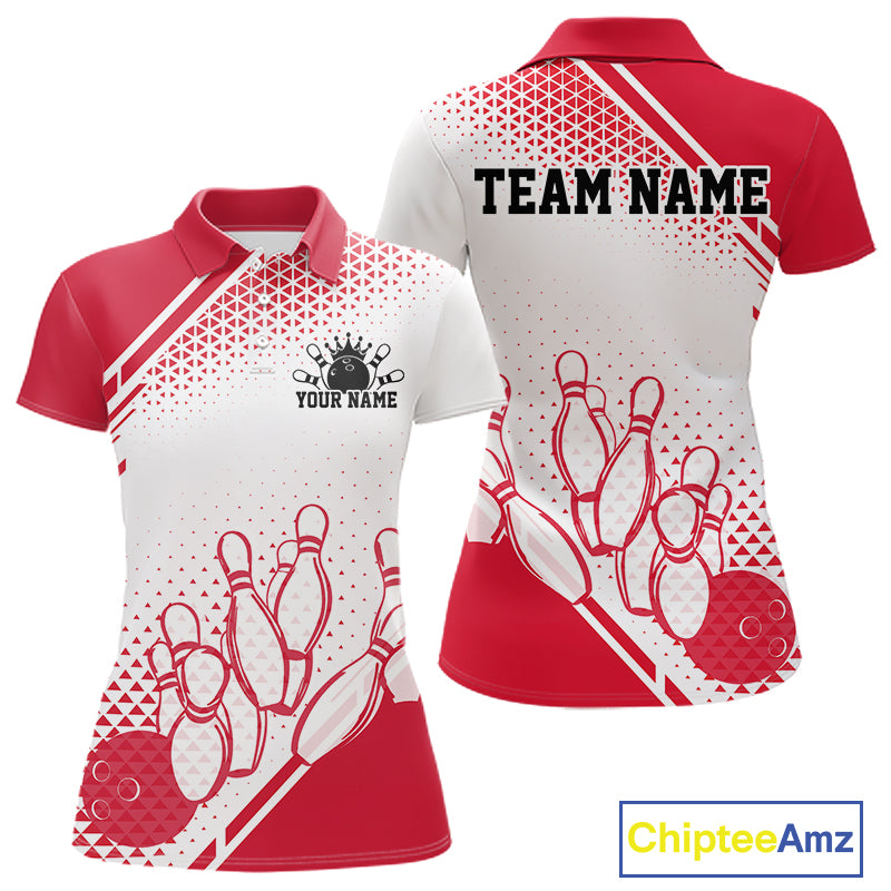 Custom White And Red Geometric Classic Retro Bowling Team Women Polo Shirt IPHW12060