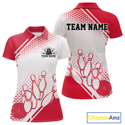 Custom White And Red Geometric Classic Retro Bowling Team Women Polo Shirt IPHW12060