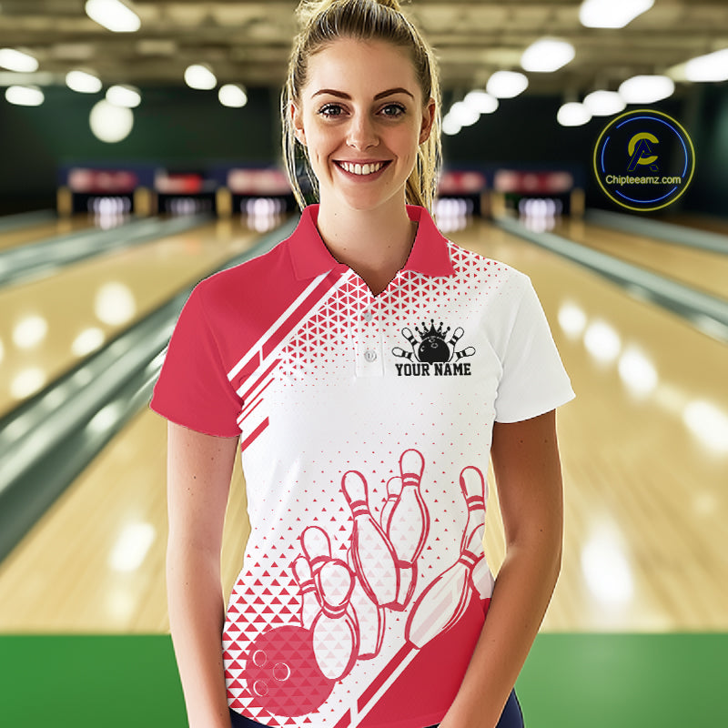 Custom White And Red Geometric Classic Retro Bowling Team Women Polo Shirt IPHW12060
