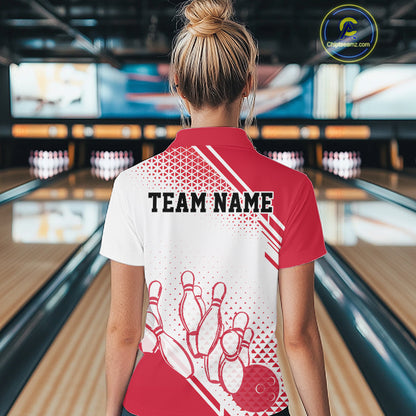 Custom White And Red Geometric Classic Retro Bowling Team Women Polo Shirt IPHW12060