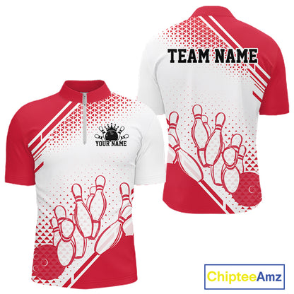 Custom White And Red Geometric Classic Retro Bowling Team Men Quarter Zip Shirt IPHW12060