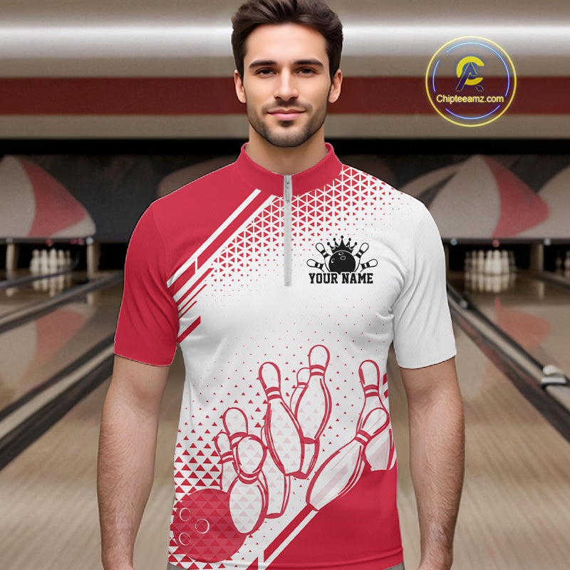 Custom White And Red Geometric Classic Retro Bowling Team Men Quarter Zip Shirt IPHW12060