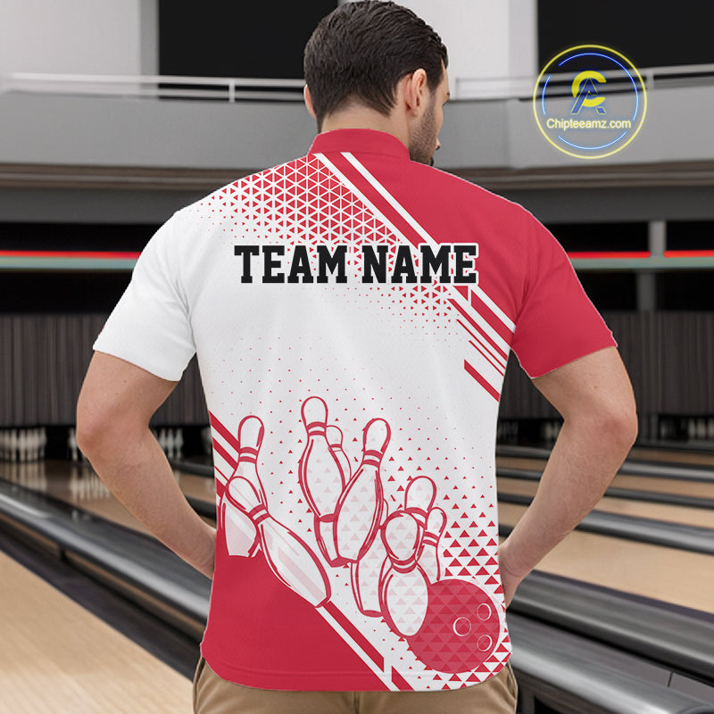 Custom White And Red Geometric Classic Retro Bowling Team Men Quarter Zip Shirt IPHW12060