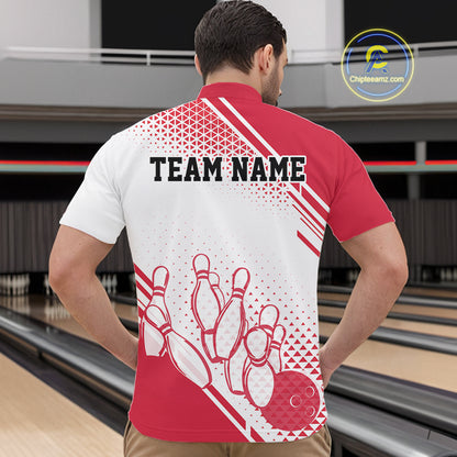 Custom White And Red Geometric Classic Retro Bowling Team Men Quarter Zip Shirt IPHW12060