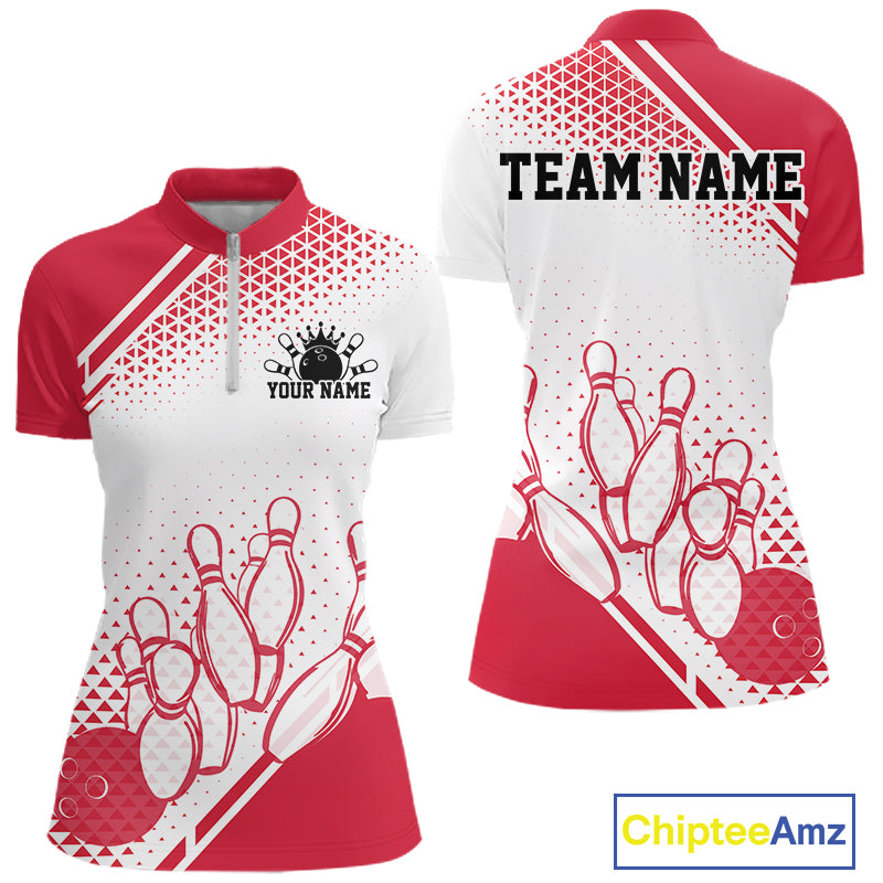 Custom White And Red Geometric Classic Retro Bowling Team Women Quarter-Zip Shirt IPHW12060