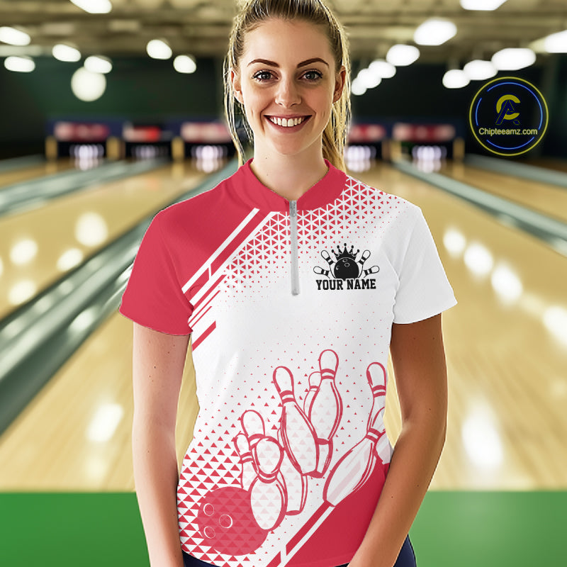 Custom White And Red Geometric Classic Retro Bowling Team Women Quarter-Zip Shirt IPHW12060