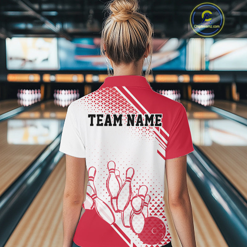 Custom White And Red Geometric Classic Retro Bowling Team Women Quarter-Zip Shirt IPHW12060