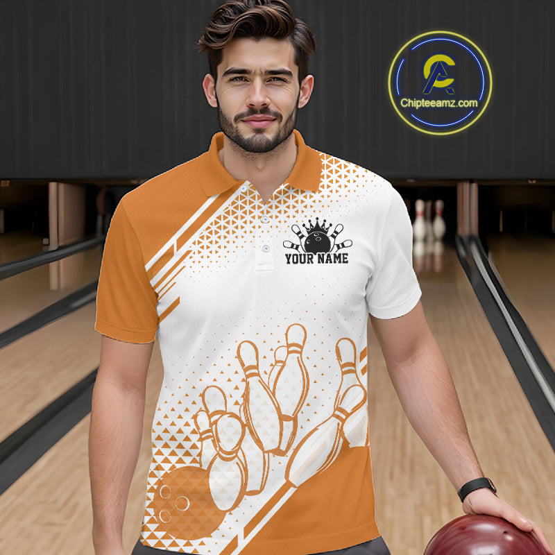 Custom White And Orange Geometric Classic Retro Bowling Team Men Polo Shirt IPHW12061