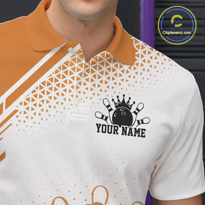 Custom White And Orange Geometric Classic Retro Bowling Team Men Polo Shirt IPHW12061