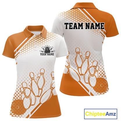 Custom White And Orange Geometric Classic Retro Bowling Team Women Polo Shirt IPHW12061