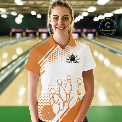 Custom White And Orange Geometric Classic Retro Bowling Team Women Polo Shirt IPHW12061