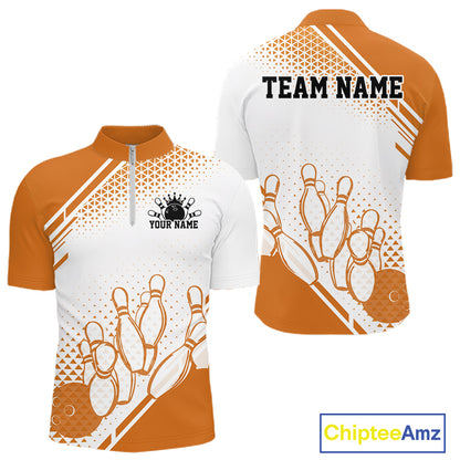 Custom White And Orange Geometric Classic Retro Bowling Team Men Quarter Zip Shirt IPHW12061