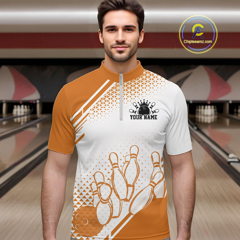 Custom White And Orange Geometric Classic Retro Bowling Team Men Quarter Zip Shirt IPHW12061
