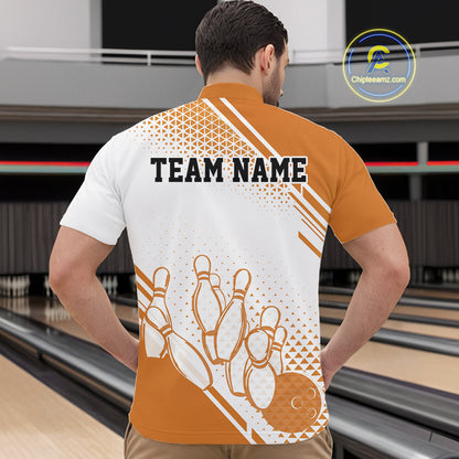 Custom White And Orange Geometric Classic Retro Bowling Team Men Quarter Zip Shirt IPHW12061